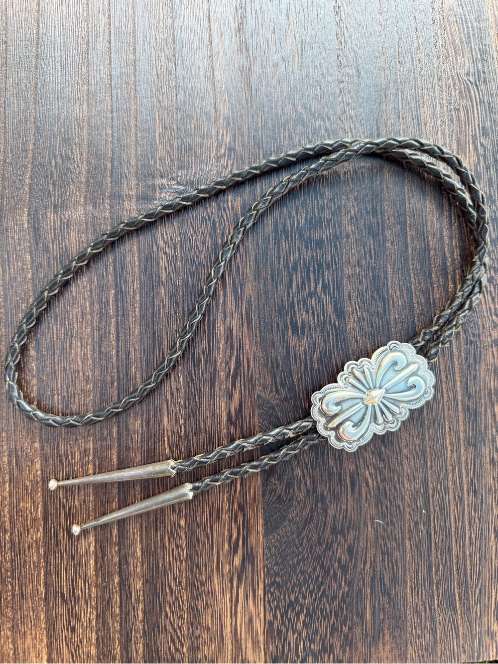 Vintage Navajo Handmade Sterling Silver Concho Bolo Tie with Black Leather Cord